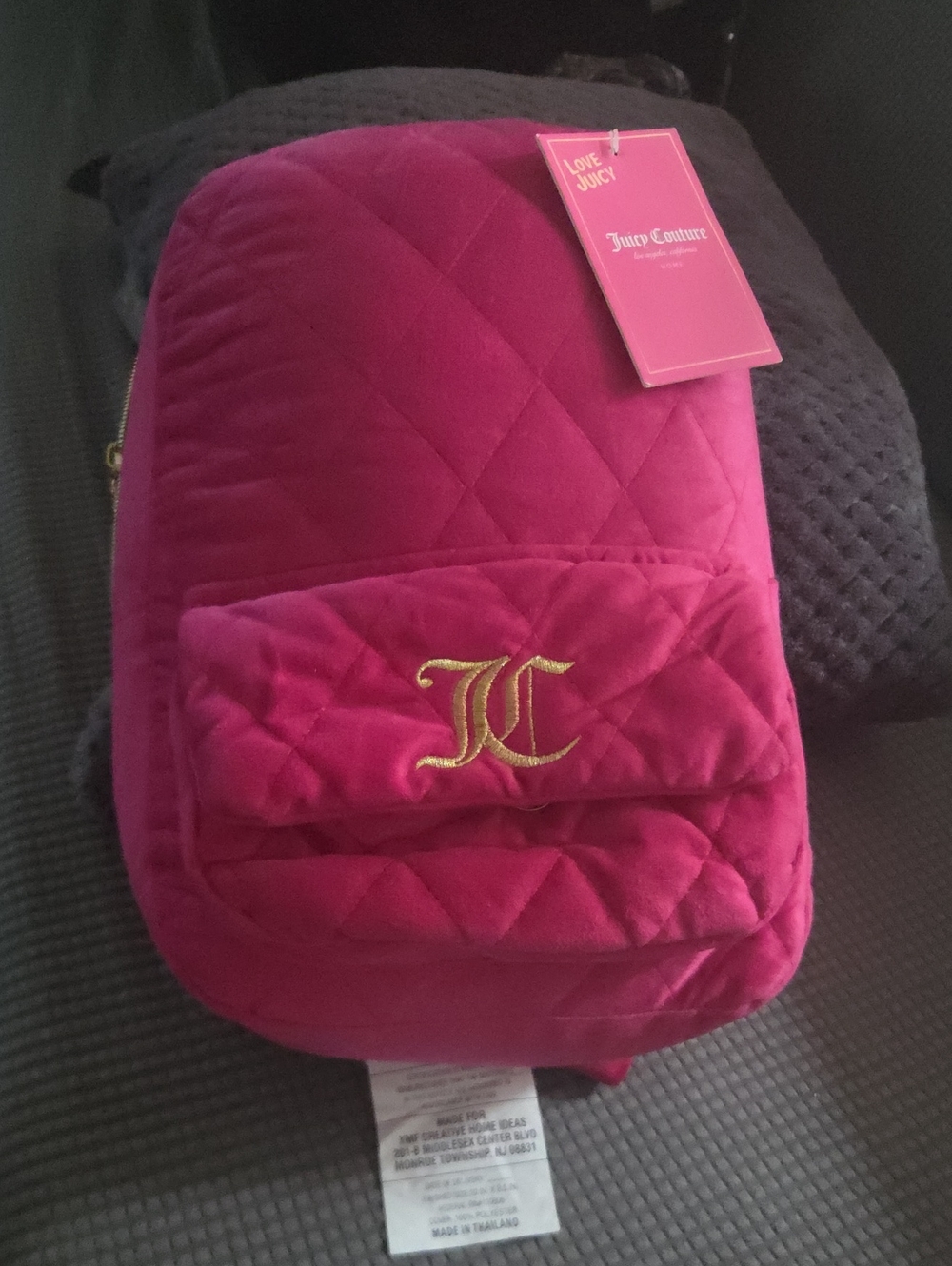 Juicy Couture Quilted Velvet Pillow  Backpack - Hot Pink with Gold Logo